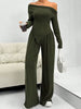 Elegant Solid Slash Neck Long Sleeve T Shirt High Waist Pants Two Piece Set