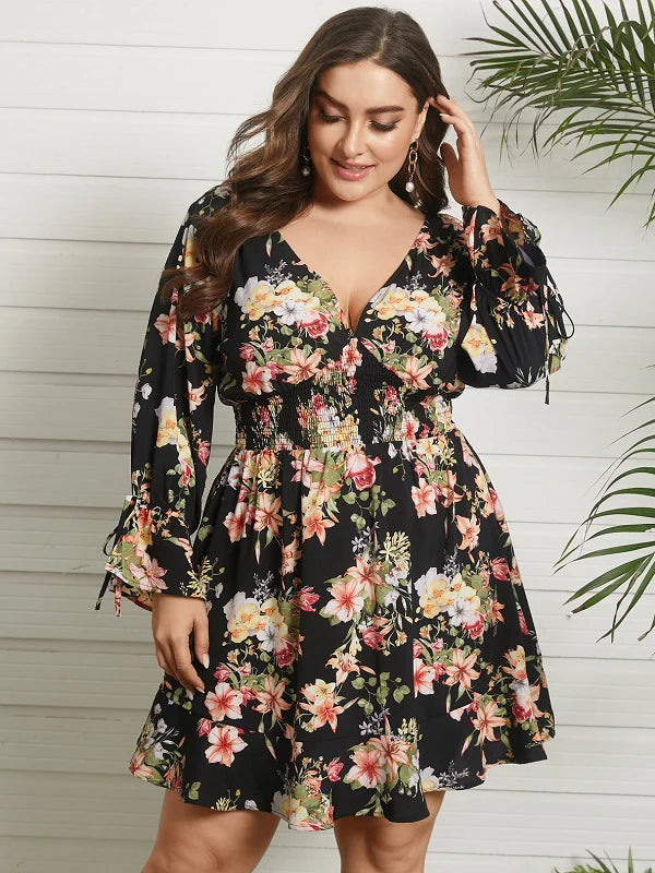 Floral Print Shirring Tie-up Long Sleeve Dress