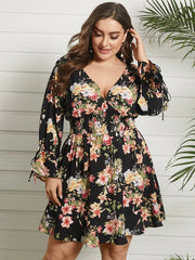 Floral Print Shirring Tie-up Long Sleeve Dress