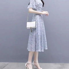 Satin Bandage Flower Silk Chiffon Floral Short Sleeve Midi on Promotion Elegant and Pretty Dresses