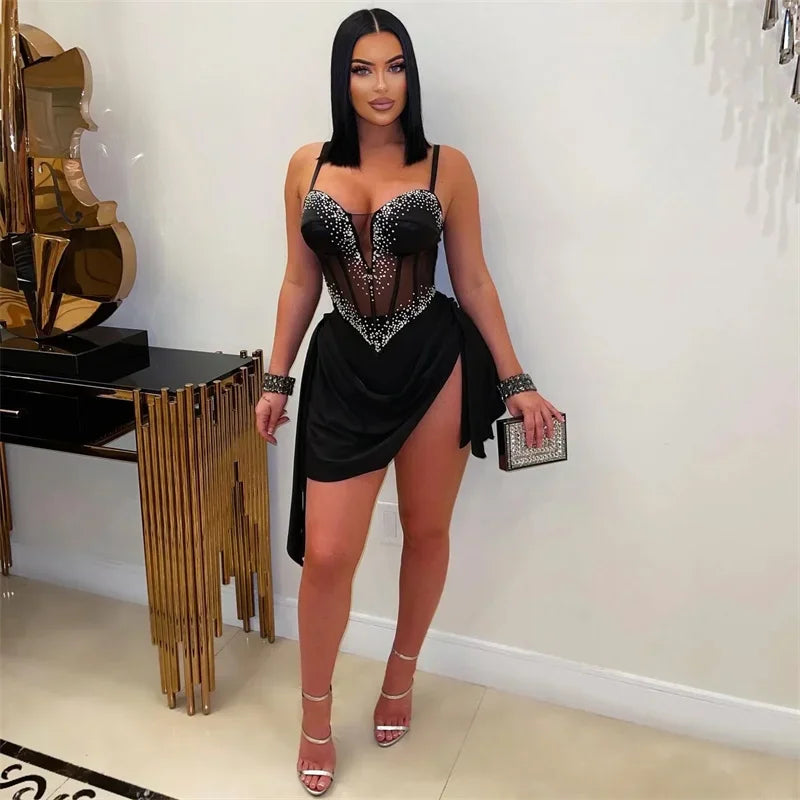 Luxury Diamonds Side Slit Ruched Night Club Party Short Dresses