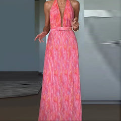 Elegant Pattern Print Pleated Sleeveless Backless Low-cut V-neck Tie-up Evening Long Maxi Dress