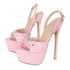 Metal Rivet Design Platform Sandals Open Toe Back Strap Buckle Stripper Heel