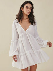 Solid Lantern Sleeve Ruffle Trim V-neck Open Back Dress