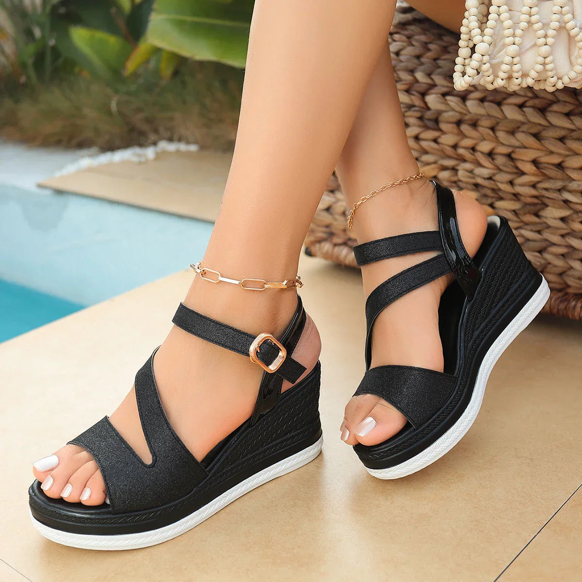 Crystal Ankle Buckle Wedges Sandals for Plus Size Solid Chunky Platform Shoes