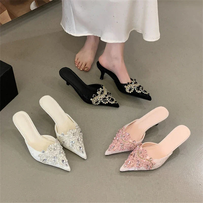 Spring Silk Crystal Pointed Toe Slippers Thin Low Heel