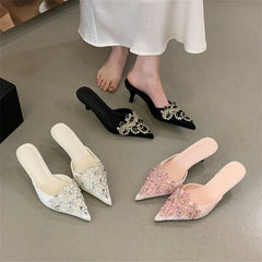 Spring Silk Crystal Pointed Toe Slippers Thin Low Heel