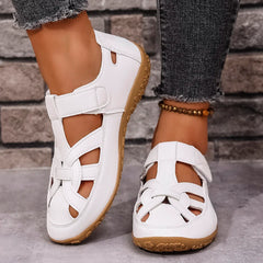 Casual Sandals Leather Hollow Flat Sandals Comfortable Round Head Closed Toe Beach Shoes