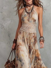 Floral print halter-neck fitted dress