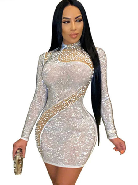 High Collar Rhinestones Long Sleeves Polyester Bodycon Club Dress