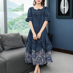 Patchwork Lace Mid-calf Short Sleeve Denim Dresses
