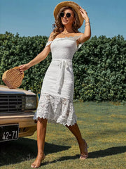 Ruffles Lace Sash Belted With Off-Shoulder Midi Dress