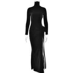 Elegant Turtleneck Hollow Out Side Slit Flower Maxi Dress