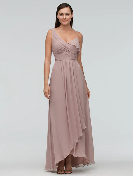 Chiffon Maxi Wedding Party One-shoulder Asymmetrical A-line Evening Bridesmaid Dress