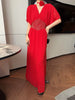 Elegant Solid V-Neck Short Sleeves High Waist Patchwork Diamonds Loose Split Maxi Dress