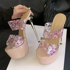 PVC Transparent Platform Open Toe Slippers Flower Stiletto High Heel