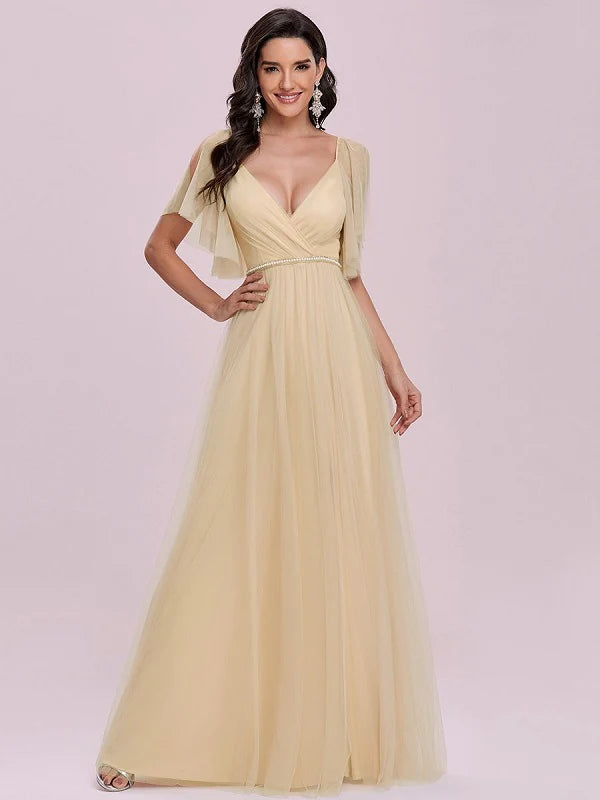 Prom A-Line Short Sleeves Sash Party Evening Dress