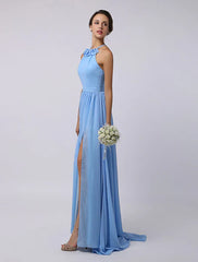 Floor-Length High-split Halter A-Line Draped Chiffon Bridesmaid Dress