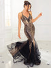 Elegant Spaghetti Strap Lace Up Gold Sequined A-Line V Neck Backless Evening Maxi Dress