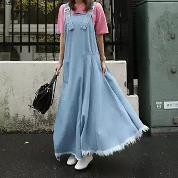 Long Maxi Sleeveless Tassels Denim Dress