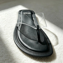 Transparent PVC Clip Toe Flip Flops Round-Toe Sewing Detail Flat Sandals Beach Sandals Sandalias