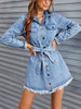Single Breasted Streetwear Long Sleeve Fringed Hem Denim Belted Jean Dresses