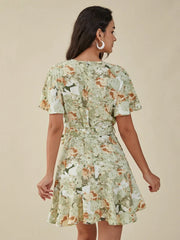 Flower Print Ruffle Belt Cross Front V-neck Short Sleeve Dress