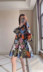 Metallic Embroidery Flocked Lantern Flower Silhouette Mini Dress