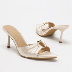 Luxury Metal Buckle Decoration Pleated Design Slippers Pointed Toe Slide Sandals Elegant High Heel