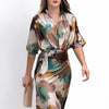 Elegant Solid Short Sleeve V-Neck Waist Length With Belt Tie Up Slit Midi Dress