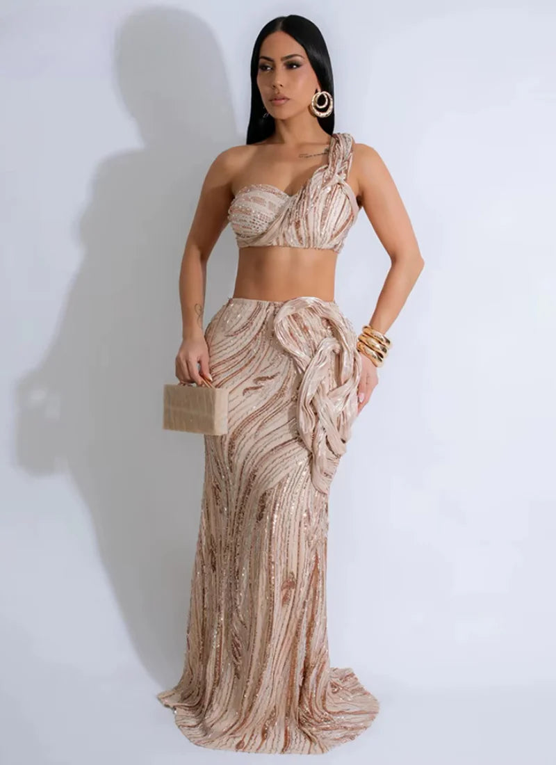 One Shoulder Sleeveless Crop Tops and Fishtail Skirt Two Piece Sets Outfits