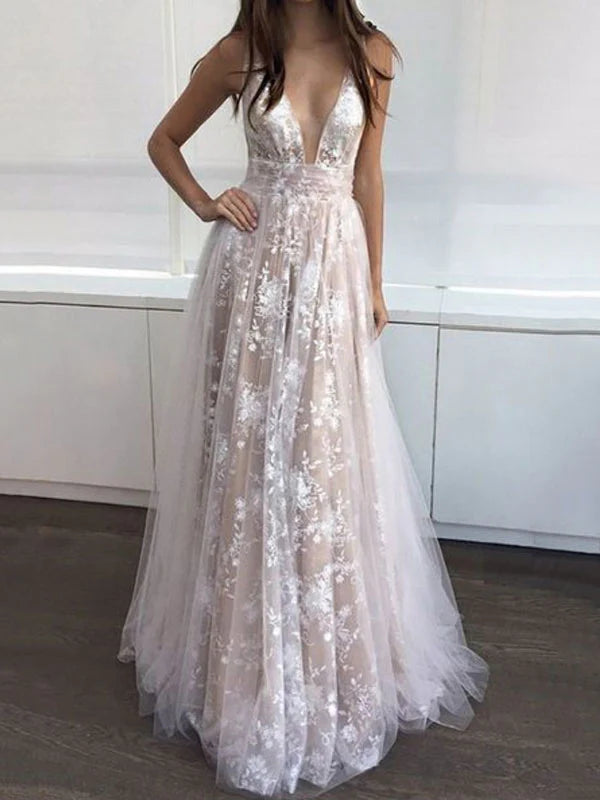 Evening V-Neck Backless Floor Length Lace Semi Formal Party Dresses