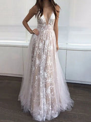 Evening V-Neck Backless Floor Length Lace Semi Formal Party Dresses