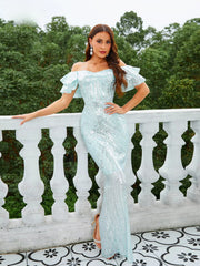Elegant Off Shoulder Short Sleeve Sequin Cocktail Prom Dress