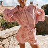 Casual Lapel Long Sleeves Spliced Single Breasted Top Patchwork Hollow Out Short Two Piece Sets