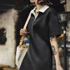 Color-Block Polo Collar Adjustable Waist Short Sleeve Preppy Style Dress