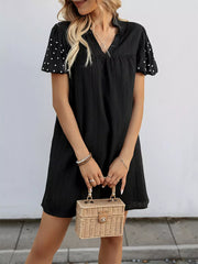 Rhinestones Short Lantern Sleeve V-neck Solid Color Shift Mini Dress