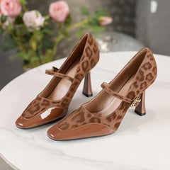 Leopard Pumps Elegant Buckle Strap Design Thin High Heel