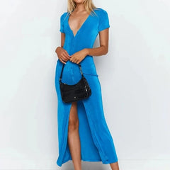 Single-breasted Solid V-neck Party Bodycon Maxi Dresses