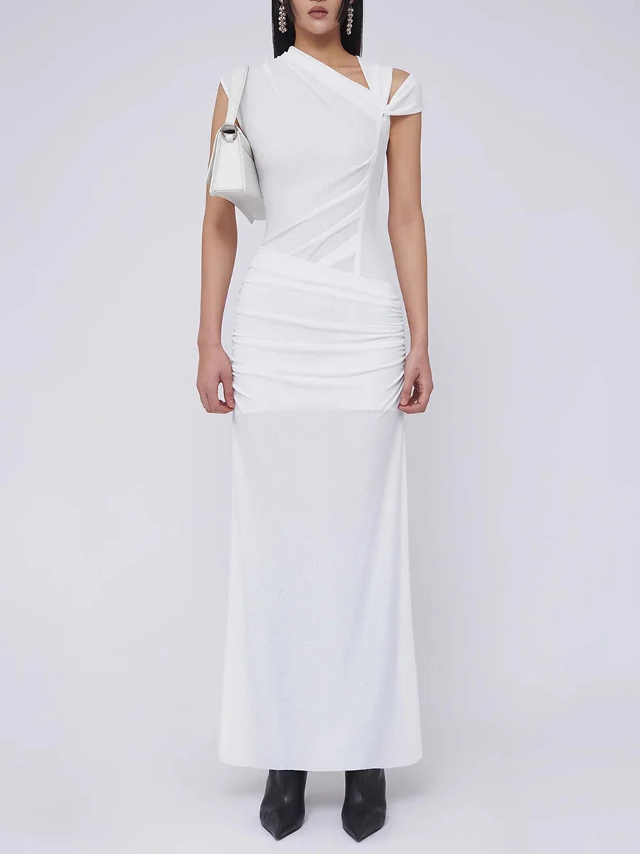 Spliced Folds Diagonal Collar Sleeveless High Waist Temperament Long Dress