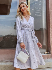 Maxi Dress Long Sleeves Casual Floral Printed Stretch Pleated Dress