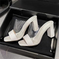 Splicing PVC Transparent Open Toe Slippers Square High Heel