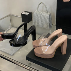 Open Toe PVC Transparent Slippers Square High Heel