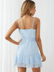 Swiss Dot Backless Ruffle Adjustable Strap Tie Dress