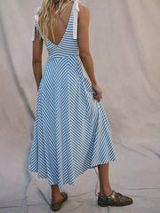 Bohemian Bows Design Polyester Striped V-Neck Long Maxi Dress