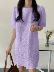 Puff Sleeve Solid Color Crew Neck Casual Dress