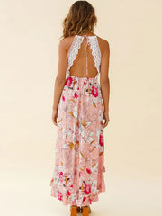 Floral Print Crochet Asymmetrical Sleeveless Midi Dress
