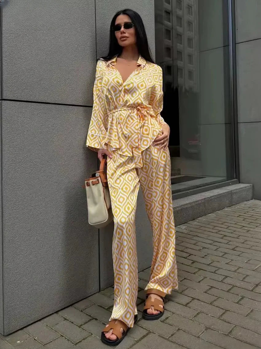 Elegant Long Sleeve Blouse With High Waist Pants Loose Print TwoPiece Sets