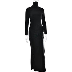 Elegant Turtleneck Hollow Out Side Slit Flower Maxi Dress