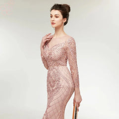 Elegant Beading Pearls Long Sleeves Mermaid Evening Prom Party Dress
